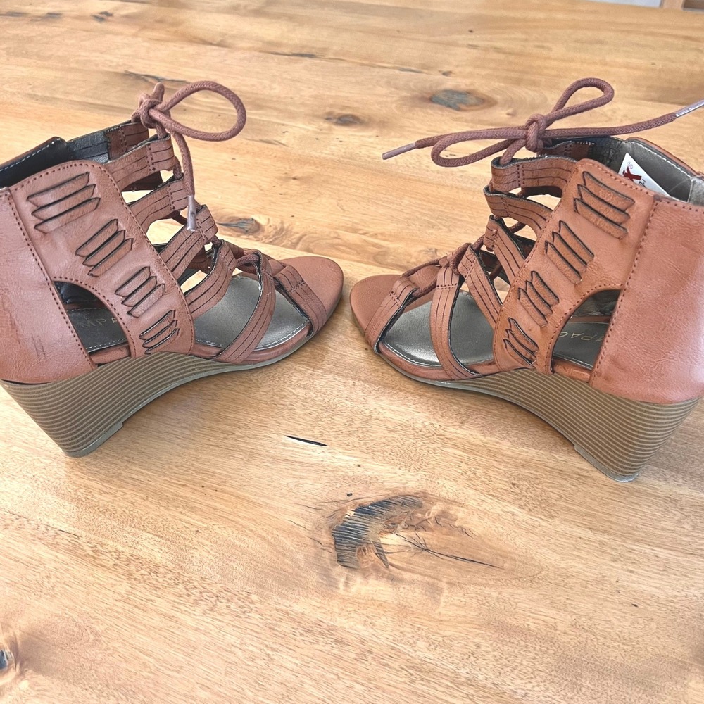 Rampage Womens Gladiator Wedge Sandals Cognac Brown Lace Strappy Shoes NEW 6.5 - Picture 5 of 10